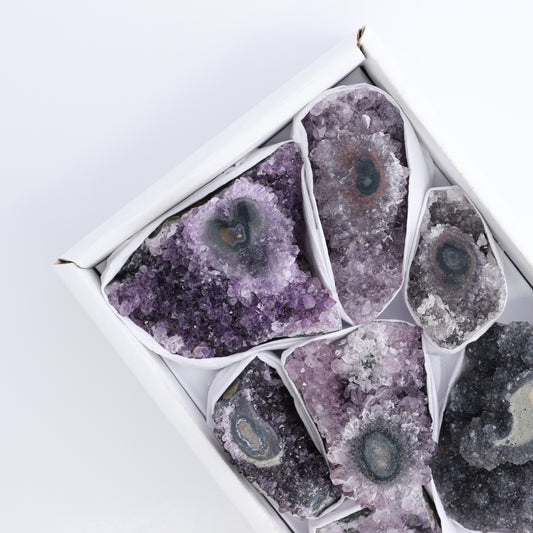 Uruguay Amethyst Clusters with "Eyes" Flat of 9 - Expert Wholesale and Supplier of Wholesale Crystals & Bulk Gemstones, ["Amethyst","Amethyst Eyes","Clusters","Uruguay"]