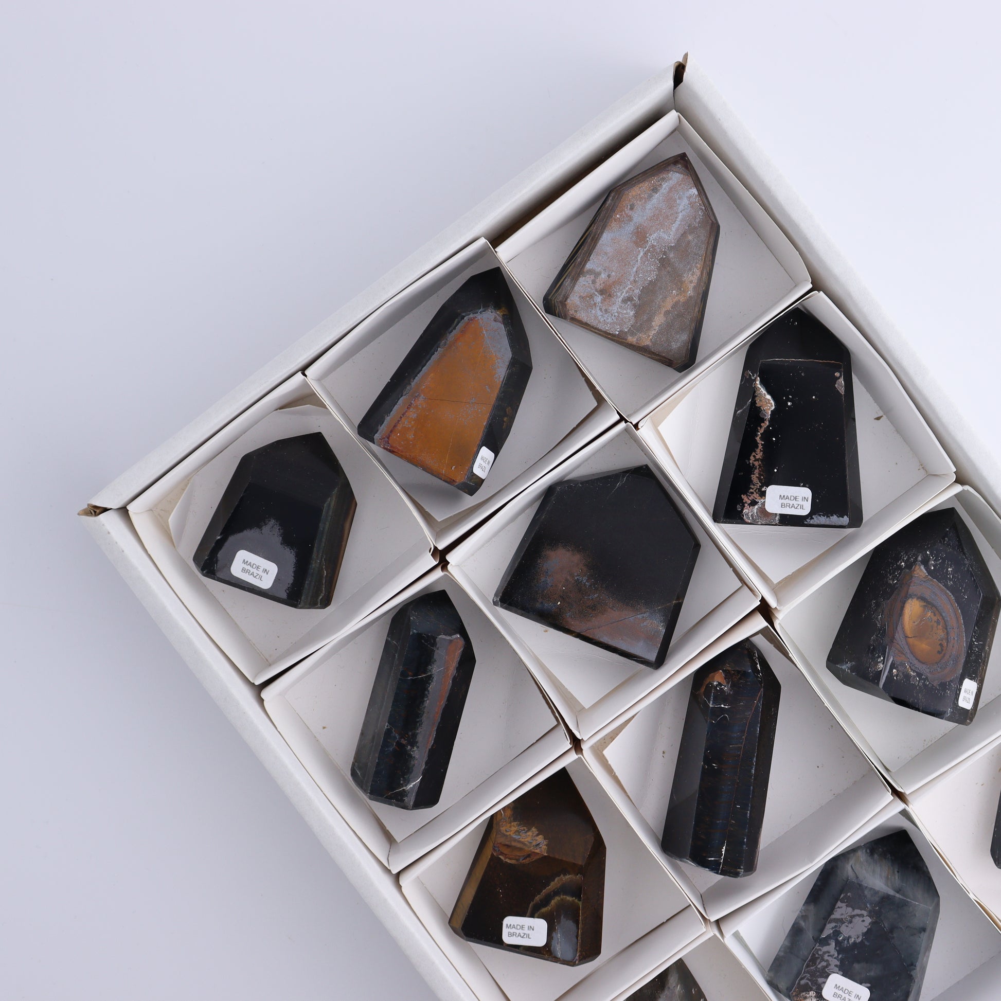 Tiger Eye Towers Set of 12 - Expert Wholesale and Supplier of Wholesale Crystals & Bulk Gemstones, ["Brazil","close_70","Tiger Eye","Towers"]