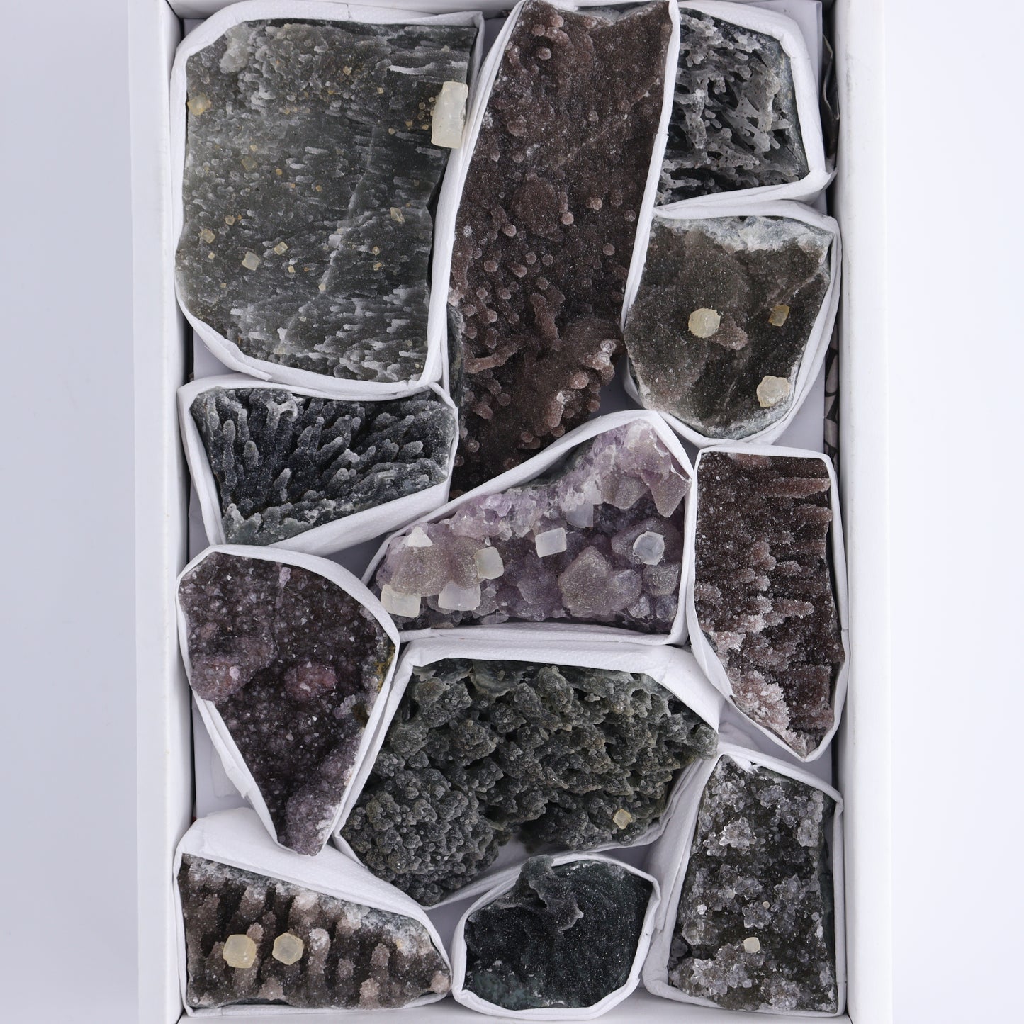 Uruguay Amethyst Clusters with Formations Flat of 12 - Expert Wholesale and Supplier of Wholesale Crystals & Bulk Gemstones, ["Amethyst","Calcite","Clusters","Formations","Uruguay"]