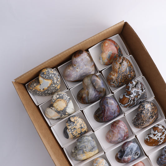 Polished Indonesian  Hearts Mixed Flat of 18 - Expert Wholesale and Supplier of Wholesale Crystals & Bulk Gemstones, ["Brecciated Jasper","Hearts","Indonesia","Maligno Jasper","River Jasper"]