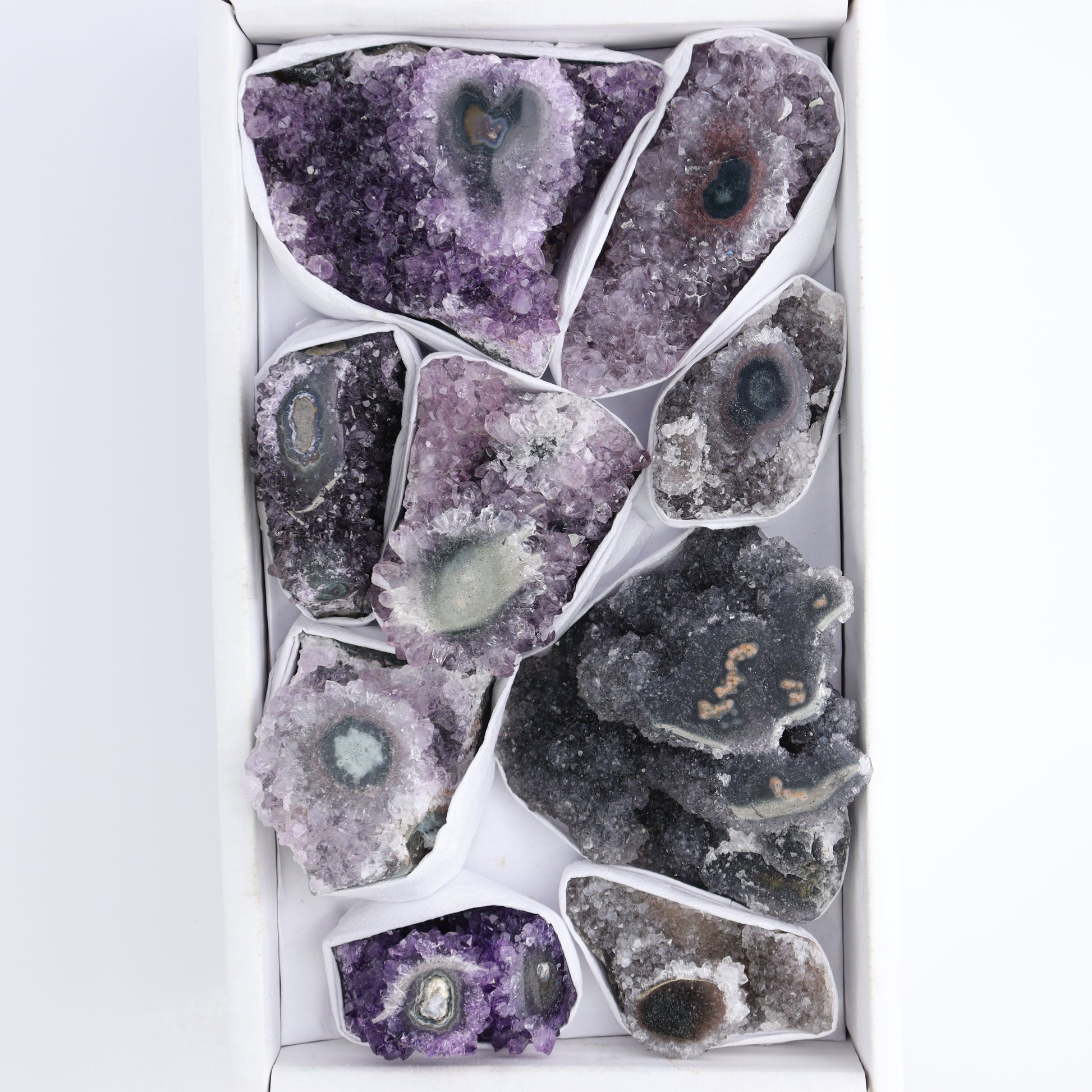 Uruguay Amethyst Clusters with "Eyes" Flat of 9 - Expert Wholesale and Supplier of Wholesale Crystals & Bulk Gemstones, ["Amethyst","Amethyst Eyes","Clusters","Uruguay"]