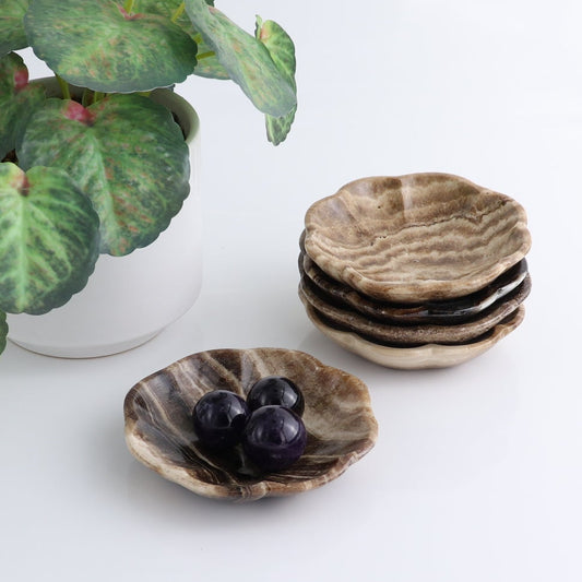 One Mexican Onyx/Calcite Chocolate Scalloped Dish 10 cm | Mi Esperanza Minerals | Supplier of Crystals and Onyx