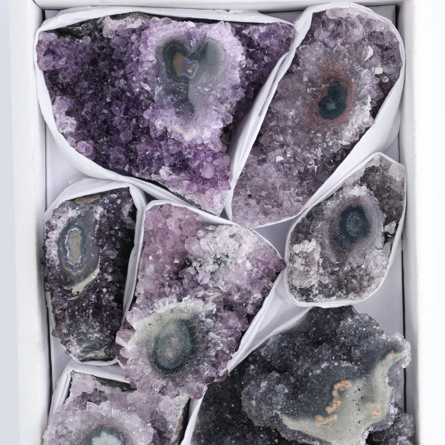 Uruguay Amethyst Clusters with "Eyes" Flat of 9 - Expert Wholesale and Supplier of Wholesale Crystals & Bulk Gemstones, ["Amethyst","Amethyst Eyes","Clusters","Uruguay"]