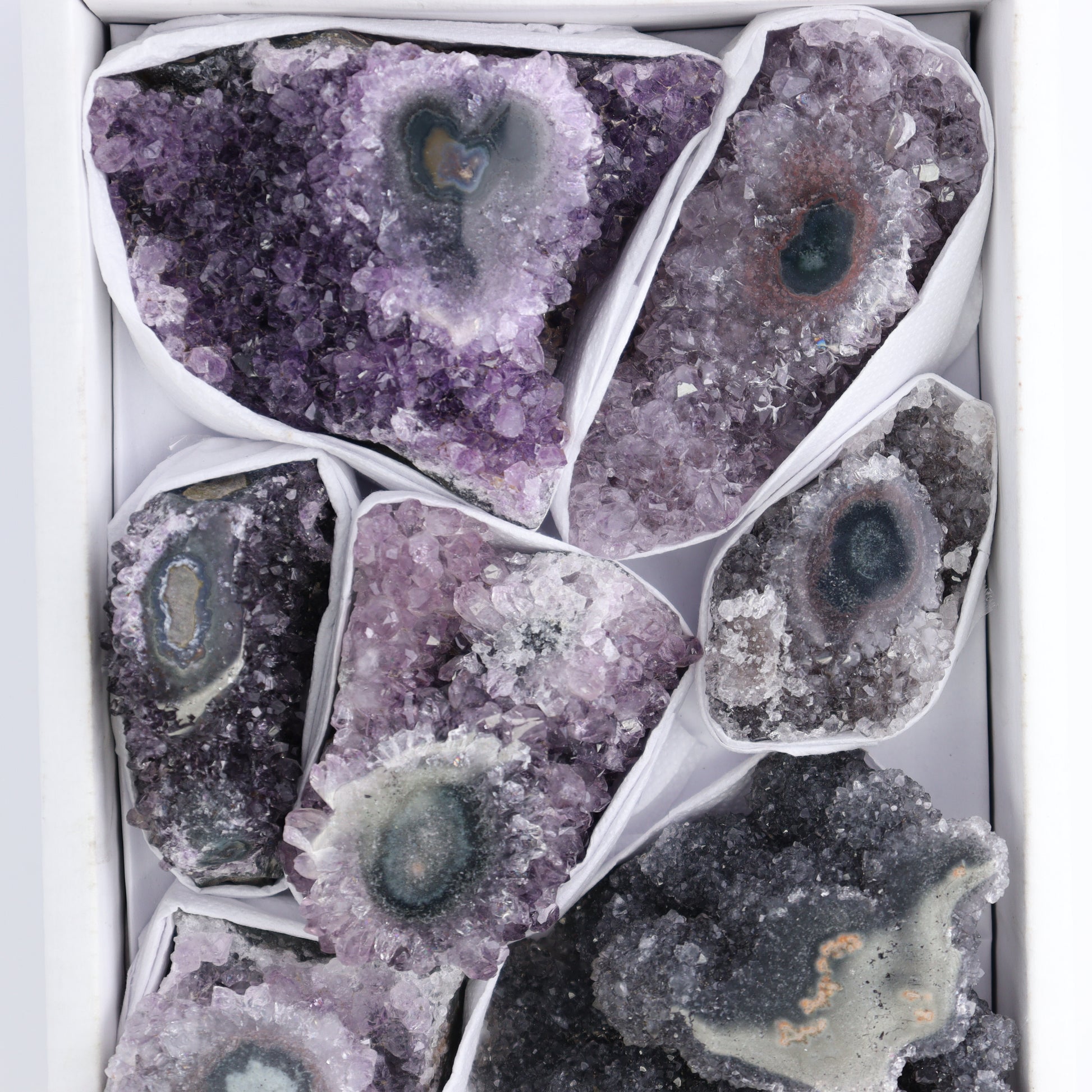 Uruguay Amethyst Clusters with "Eyes" Flat of 9 - Expert Wholesale and Supplier of Wholesale Crystals & Bulk Gemstones, ["Amethyst","Amethyst Eyes","Clusters","Uruguay"]