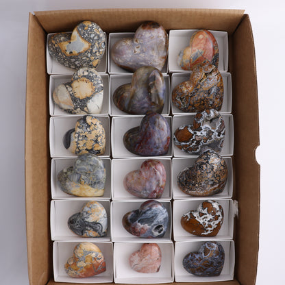 Polished Indonesian  Hearts Mixed Flat of 18 - Expert Wholesale and Supplier of Wholesale Crystals & Bulk Gemstones, ["Brecciated Jasper","close_50","Hearts","Indonesia","Maligno Jasper","River Jasper"]