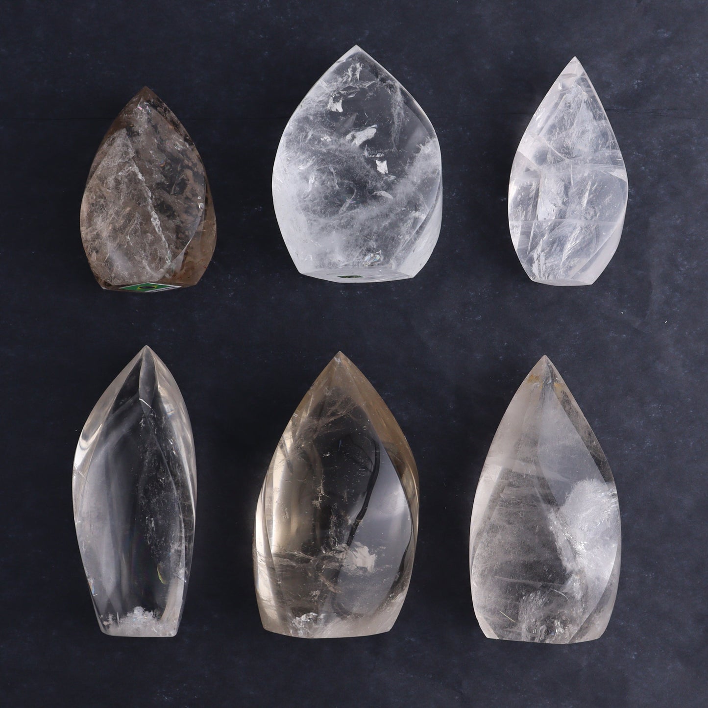 Imperfect Clear and Smoky Quartz Flames Set of 6 - Expert Wholesale and Supplier of Wholesale Crystals & Bulk Gemstones, ["Brazil","Clear Quartz","flames","Quartz","Smoky Quartz"]