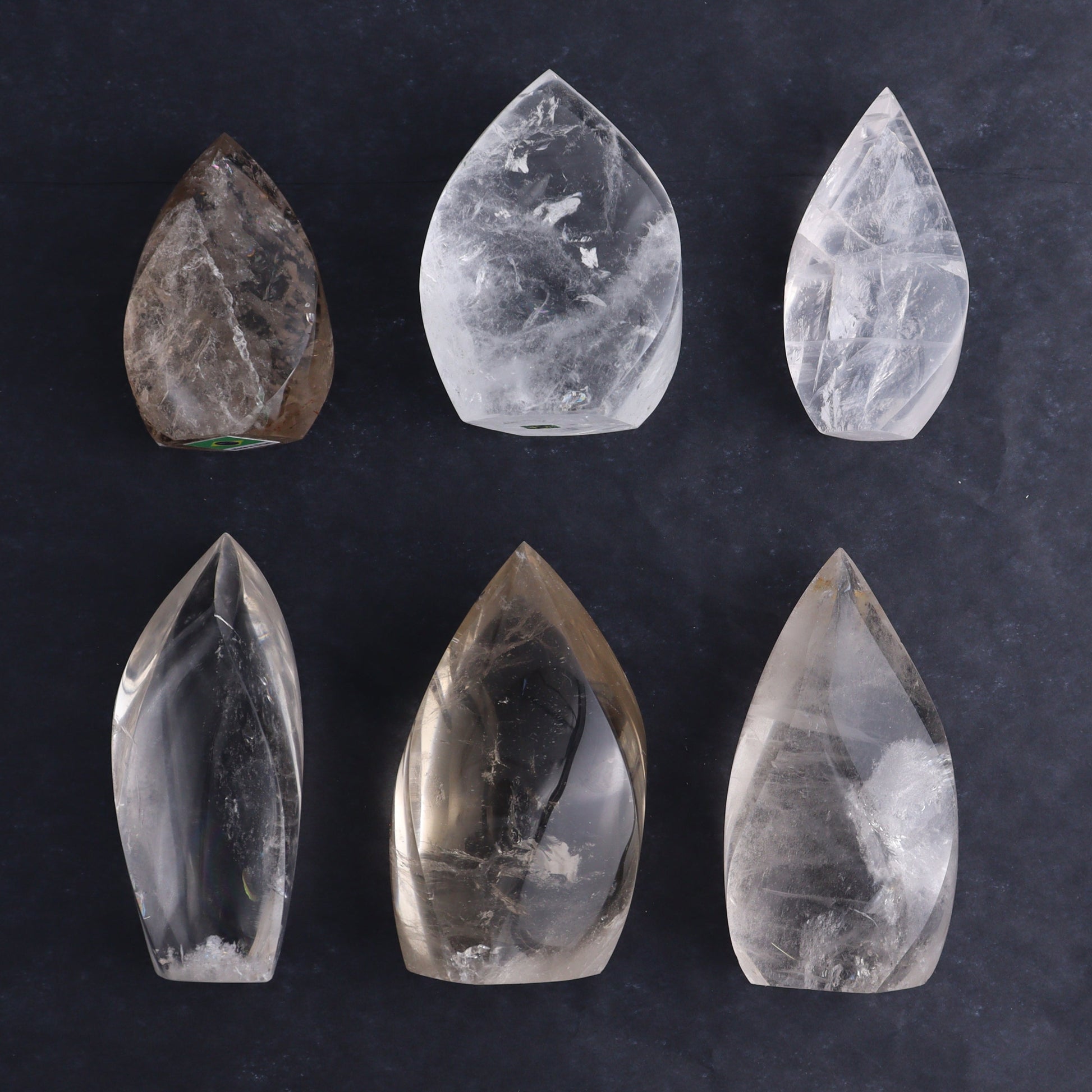 Imperfect Clear and Smoky Quartz Flames Set of 6 - Expert Wholesale and Supplier of Wholesale Crystals & Bulk Gemstones, ["Brazil","Clear Quartz","flames","Quartz","Smoky Quartz"]