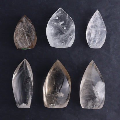 Imperfect Clear and Smoky Quartz Flames Set of 6 - Expert Wholesale and Supplier of Wholesale Crystals & Bulk Gemstones, ["Brazil","Clear Quartz","flames","Quartz","Smoky Quartz"]
