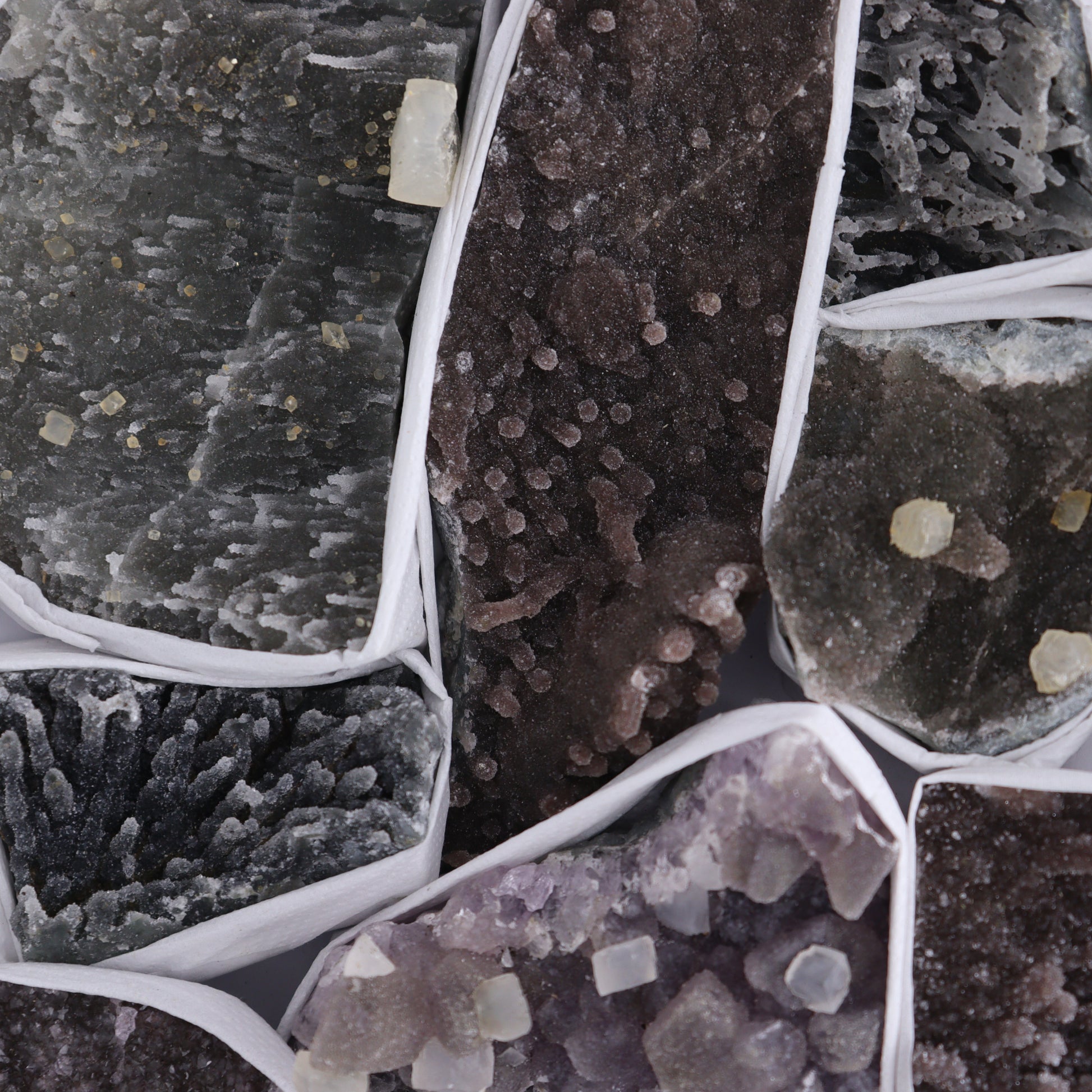 Uruguay Amethyst Clusters with Formations Flat of 12 - Expert Wholesale and Supplier of Wholesale Crystals & Bulk Gemstones, ["Amethyst","Calcite","Clusters","Formations","Uruguay"]