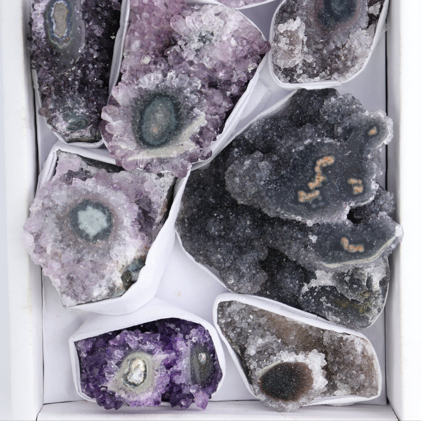 Uruguay Amethyst Clusters with "Eyes" Flat of 9 - Expert Wholesale and Supplier of Wholesale Crystals & Bulk Gemstones, ["Amethyst","Amethyst Eyes","Clusters","Uruguay"]
