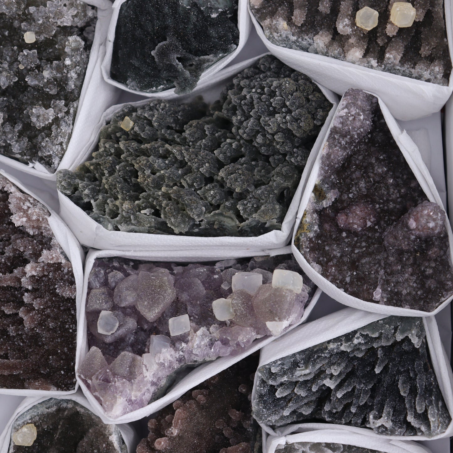 Uruguay Amethyst Clusters with Formations Flat of 12 - Expert Wholesale and Supplier of Wholesale Crystals & Bulk Gemstones, ["Amethyst","Calcite","Clusters","Formations","Uruguay"]