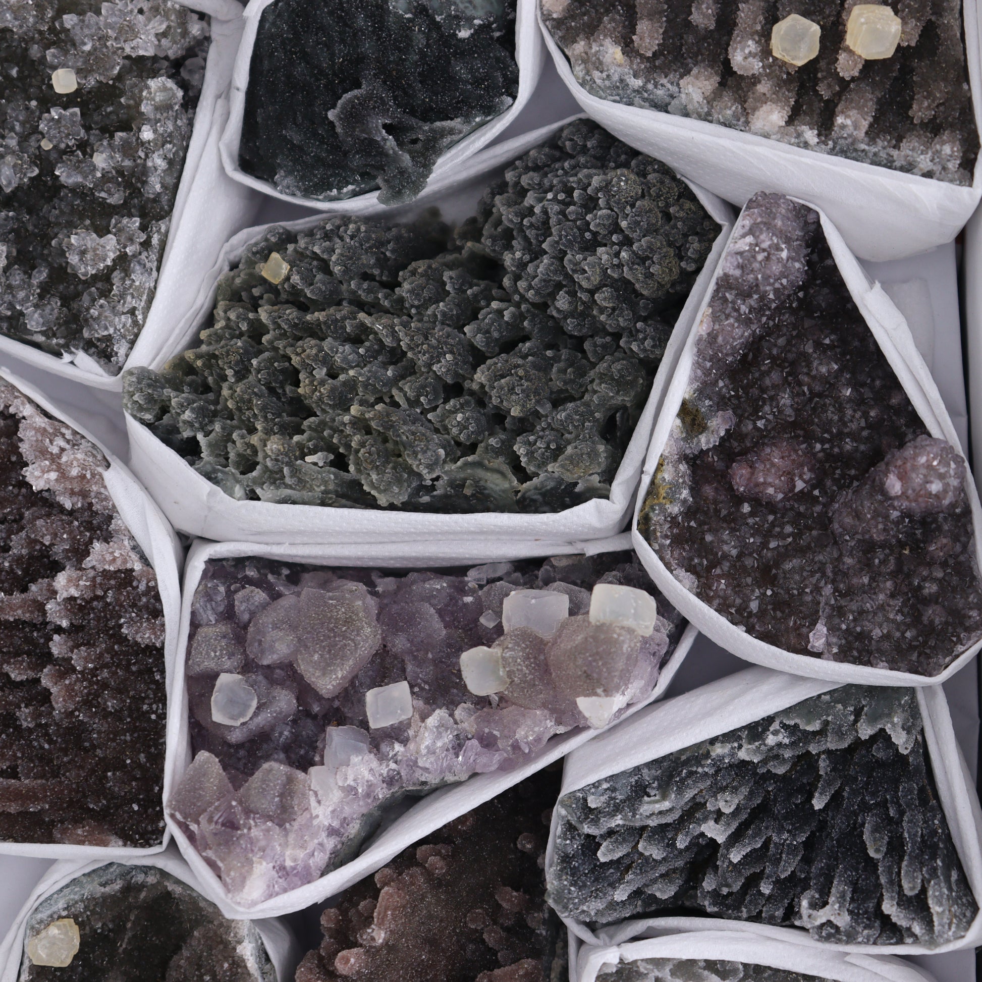 Uruguay Amethyst Clusters with Formations Flat of 12 - Expert Wholesale and Supplier of Wholesale Crystals & Bulk Gemstones, ["Amethyst","Calcite","Clusters","Formations","Uruguay"]