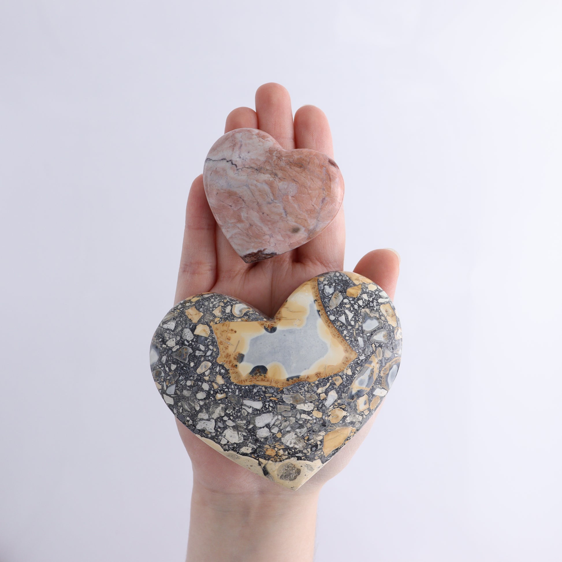 Polished Indonesian  Hearts Mixed Flat of 18 - Expert Wholesale and Supplier of Wholesale Crystals & Bulk Gemstones, ["Brecciated Jasper","close_50","Hearts","Indonesia","Maligno Jasper","River Jasper"]