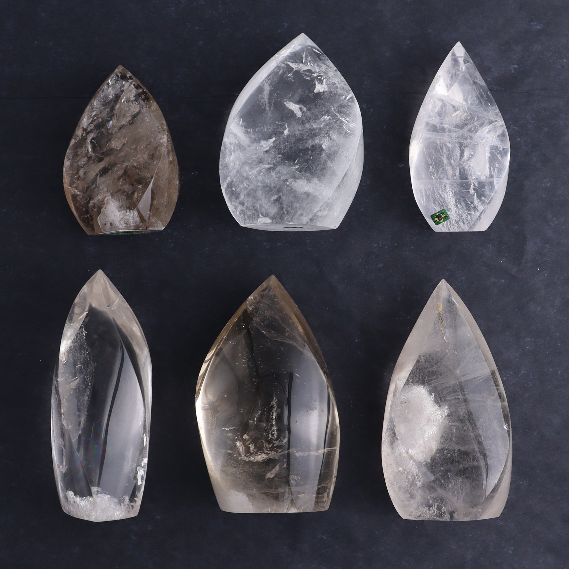 Imperfect Clear and Smoky Quartz Flames Set of 6 - Expert Wholesale and Supplier of Wholesale Crystals & Bulk Gemstones, ["Brazil","Clear Quartz","flames","Quartz","Smoky Quartz"]