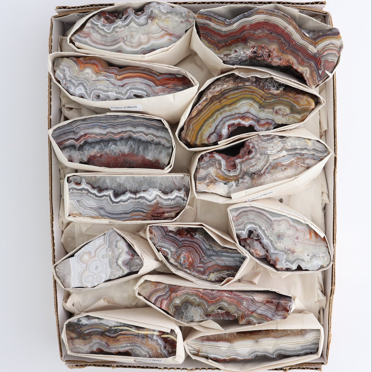 Crazy Lace Agate Flat of 13