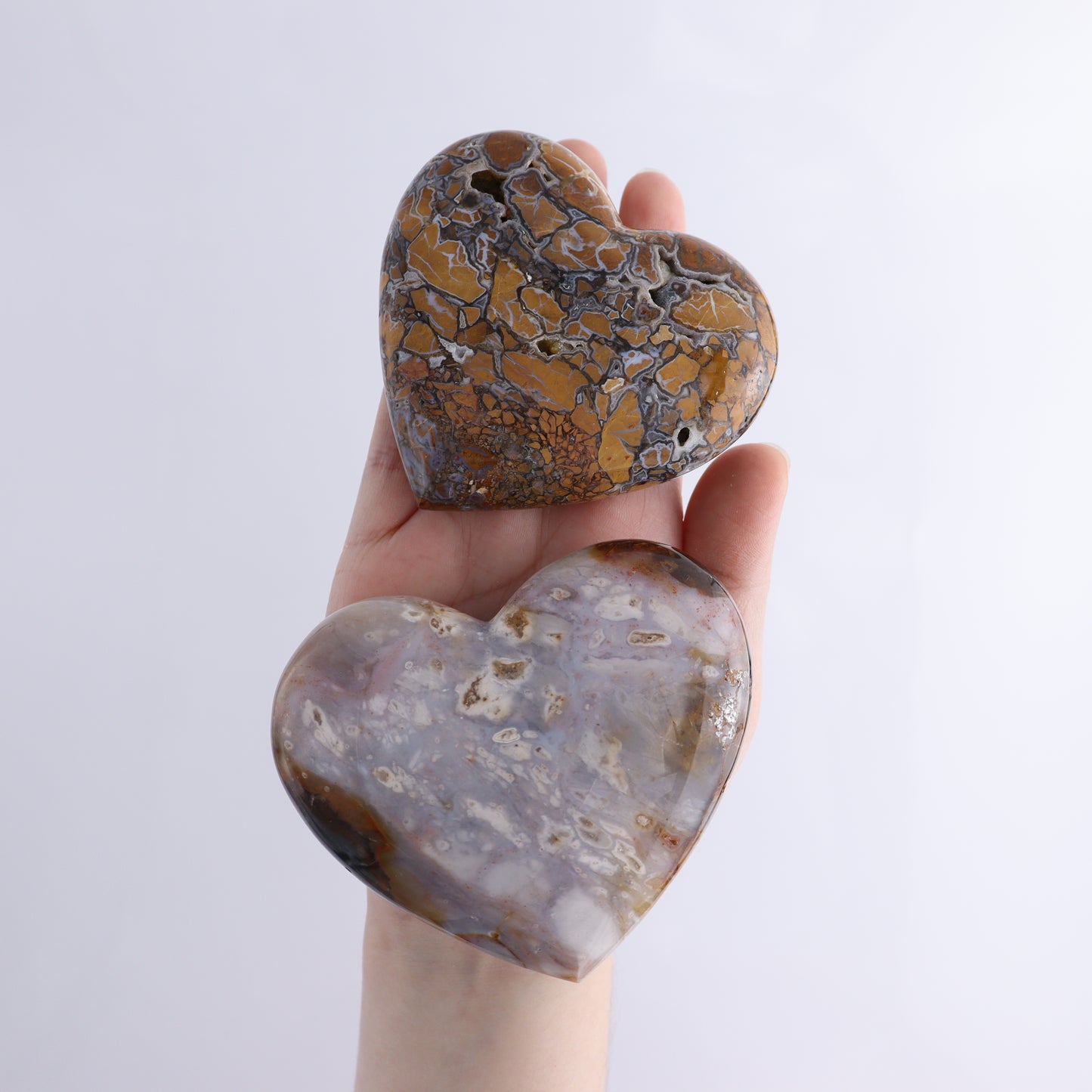Polished Indonesian  Hearts Mixed Flat of 18 - Expert Wholesale and Supplier of Wholesale Crystals & Bulk Gemstones, ["Brecciated Jasper","close_50","Hearts","Indonesia","Maligno Jasper","River Jasper"]