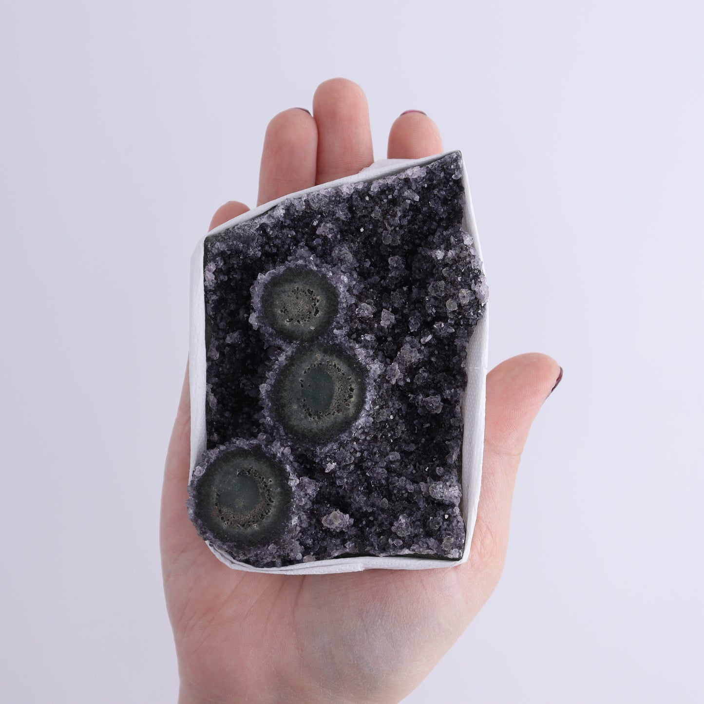 Uruguay Amethyst Clusters with "Eyes" Flat of 9 - Expert Wholesale and Supplier of Wholesale Crystals & Bulk Gemstones, ["Amethyst","Clusters","Eyes Amethyst","Uruguay"]