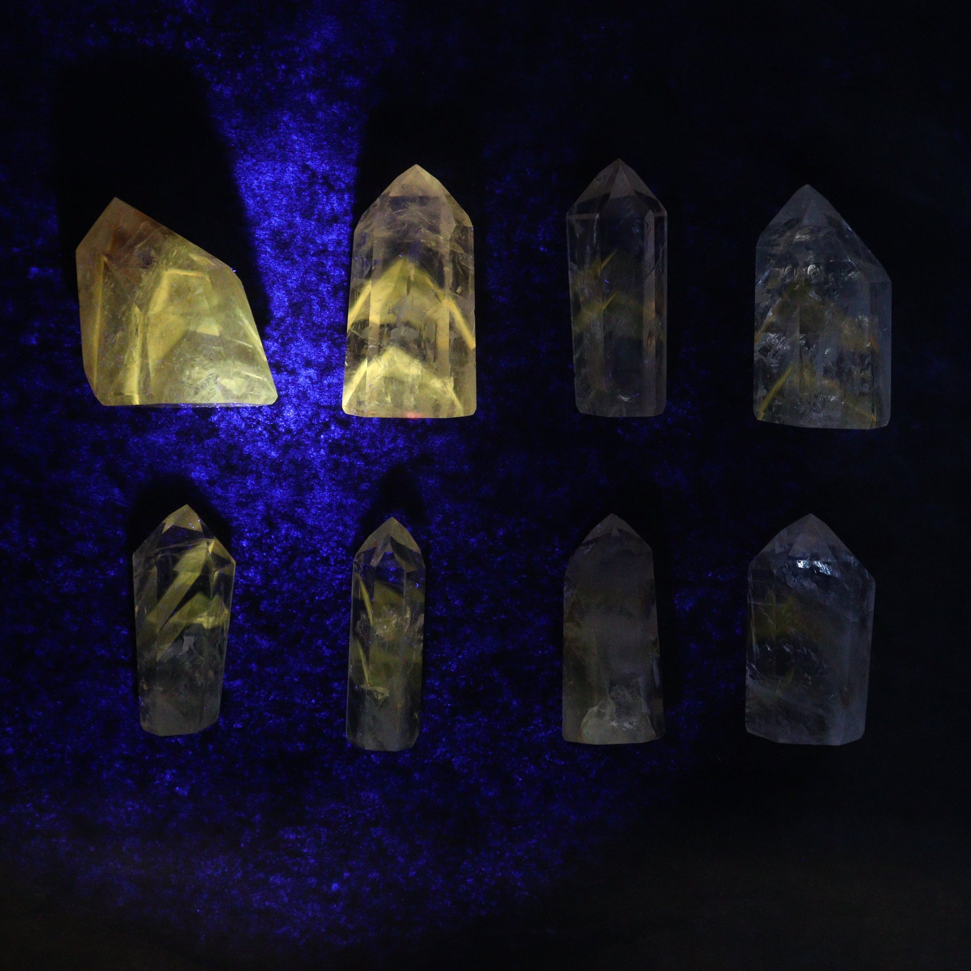 Powellite Amethyst UV Reactive Towers Set of 20 - Expert Wholesale and Supplier of Wholesale Crystals & Bulk Gemstones, ["Amethyst","Powellite"]