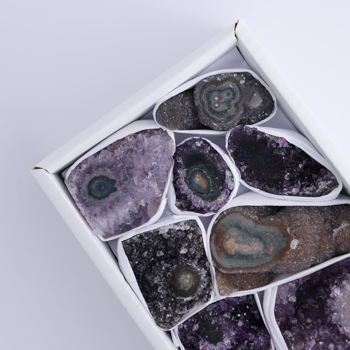 Uruguay Amethyst Clusters with "Eyes" Flat of 10 - Expert Wholesale and Supplier of Wholesale Crystals & Bulk Gemstones, ["Amethyst","Clusters","Eyes Amethyst","Uruguay"]