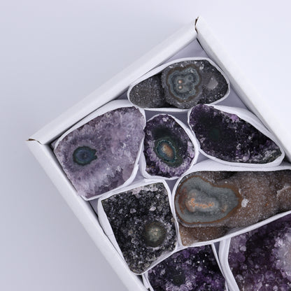 Uruguay Amethyst Clusters with "Eyes" Flat of 10 - Expert Wholesale and Supplier of Wholesale Crystals & Bulk Gemstones, ["Amethyst","Clusters","Eyes Amethyst","Uruguay"]