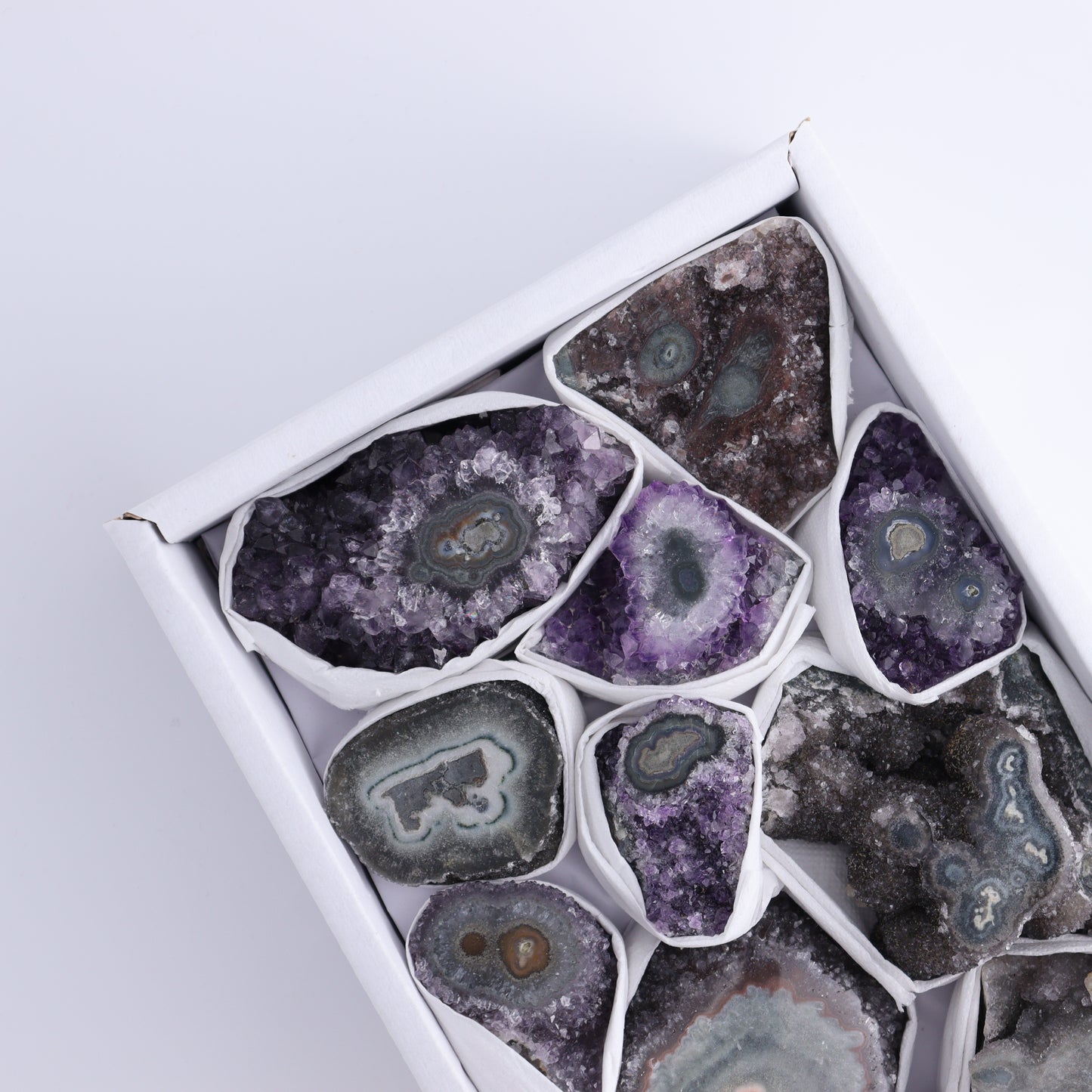 Uruguay Amethyst Clusters with "Eyes" Flat of 12 - Expert Wholesale and Supplier of Wholesale Crystals & Bulk Gemstones, ["Amethyst","Clusters","Eyes Amethyst","Uruguay"]