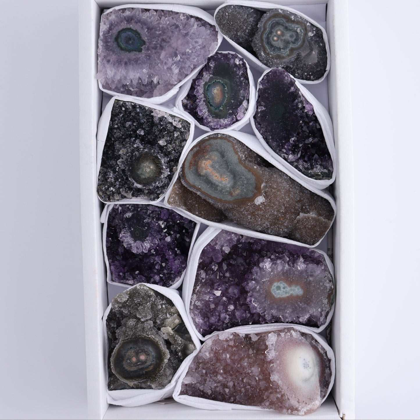Uruguay Amethyst Clusters with "Eyes" Flat of 10 - Expert Wholesale and Supplier of Wholesale Crystals & Bulk Gemstones, ["Amethyst","Clusters","Eyes Amethyst","Uruguay"]
