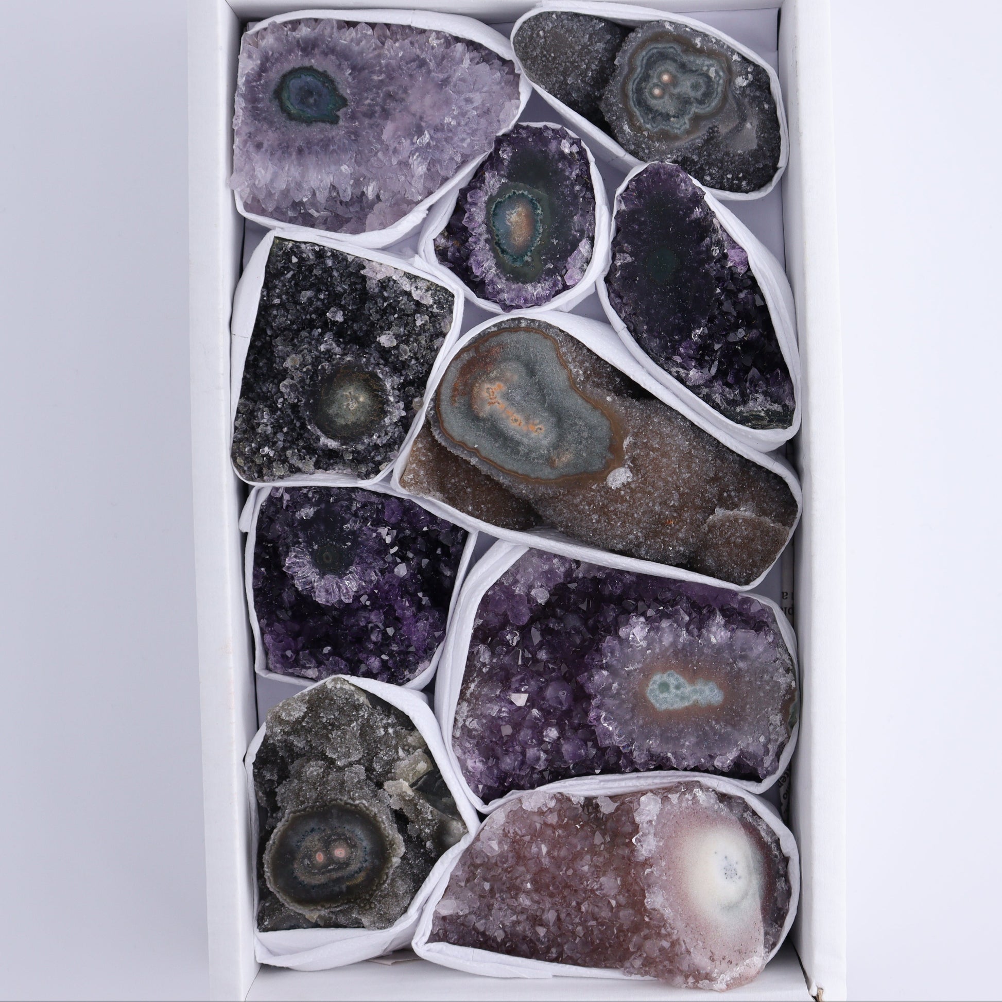 Uruguay Amethyst Clusters with "Eyes" Flat of 10 - Expert Wholesale and Supplier of Wholesale Crystals & Bulk Gemstones, ["Amethyst","Clusters","Eyes Amethyst","Uruguay"]
