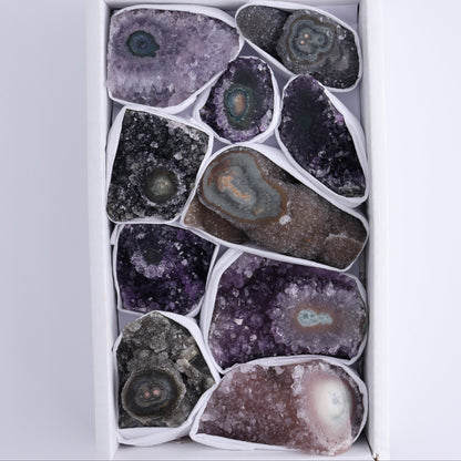 Uruguay Amethyst Clusters with "Eyes" Flat of 10 - Expert Wholesale and Supplier of Wholesale Crystals & Bulk Gemstones, ["Amethyst","Clusters","Eyes Amethyst","Uruguay"]