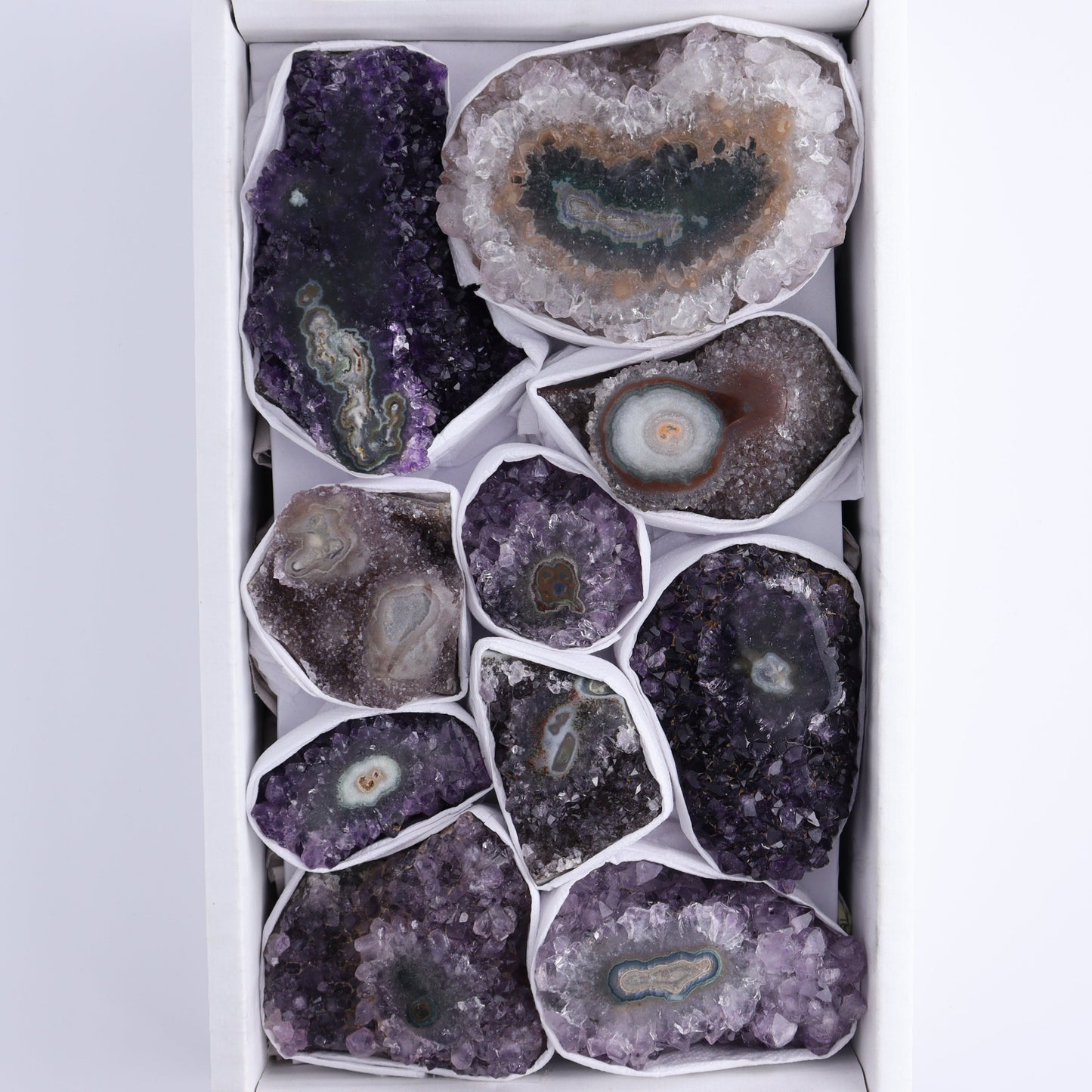 Uruguay Amethyst Clusters with "Eyes" Flat of 10 - Expert Wholesale and Supplier of Wholesale Crystals & Bulk Gemstones, []