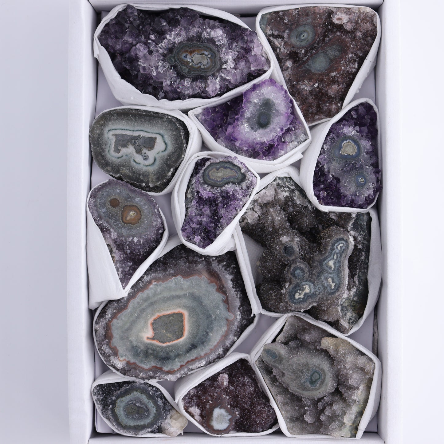 Uruguay Amethyst Clusters with "Eyes" Flat of 12 - Expert Wholesale and Supplier of Wholesale Crystals & Bulk Gemstones, ["Amethyst","Clusters","Eyes Amethyst","Uruguay"]