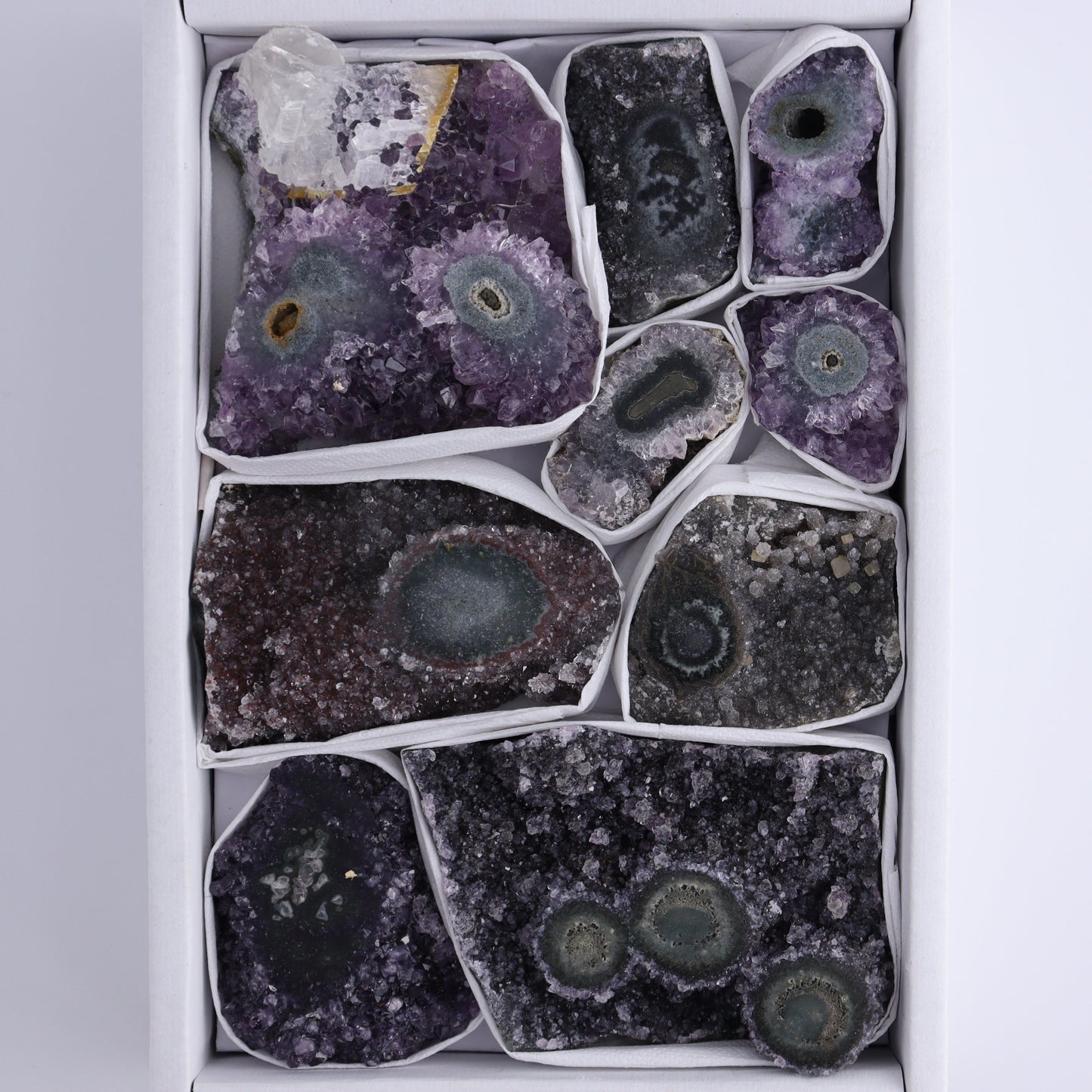 Uruguay Amethyst Clusters with "Eyes" Flat of 9 - Expert Wholesale and Supplier of Wholesale Crystals & Bulk Gemstones, ["Amethyst","Clusters","Eyes Amethyst","Uruguay"]