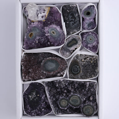 Uruguay Amethyst Clusters with "Eyes" Flat of 9 - Expert Wholesale and Supplier of Wholesale Crystals & Bulk Gemstones, ["Amethyst","Clusters","Eyes Amethyst","Uruguay"]