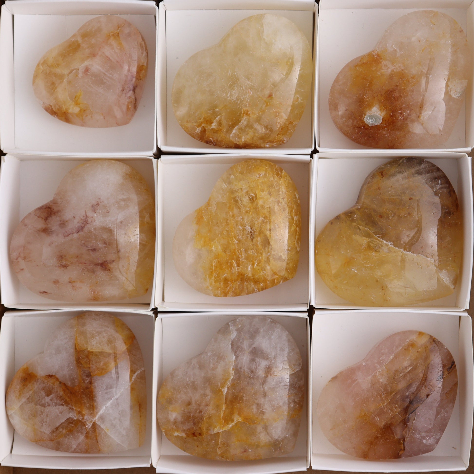 Golden Healer Hearts Set of 12 - Expert Wholesale and Supplier of Wholesale Crystals & Bulk Gemstones, ["Brazil","Golden Healer","Hearts"]