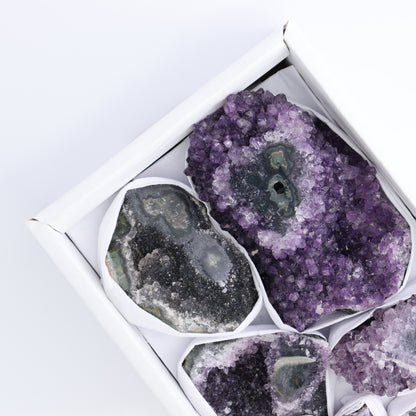 Uruguay Amethyst Clusters with "Eyes" Flat of 8 - Expert Wholesale and Supplier of Wholesale Crystals & Bulk Gemstones, ["Amethyst","Amethyst Eyes","Clusters","Uruguay"]