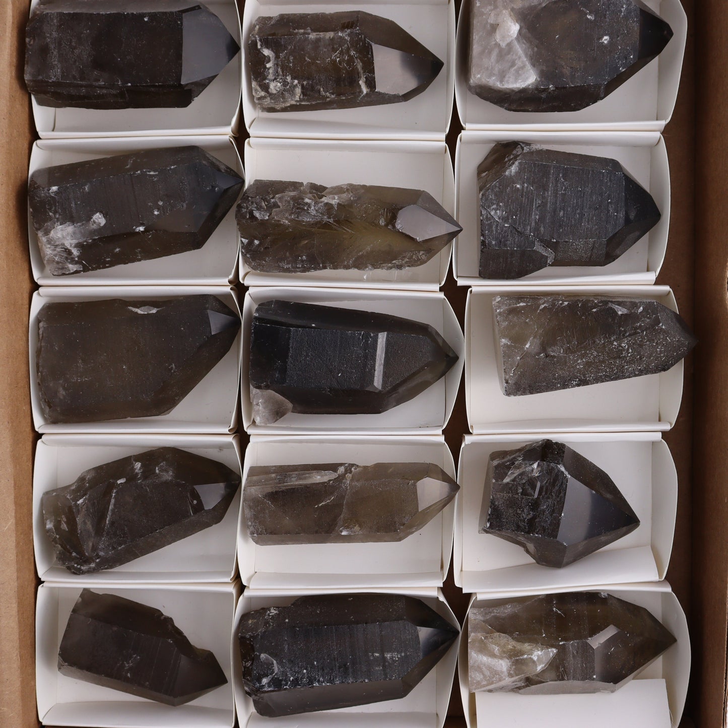 Smoky Quartz Polished Tops Set of 18 - Expert Wholesale and Supplier of Wholesale Crystals & Bulk Gemstones, ["Brazil","close_70","Points","Quartz","Smoky Quartz"]