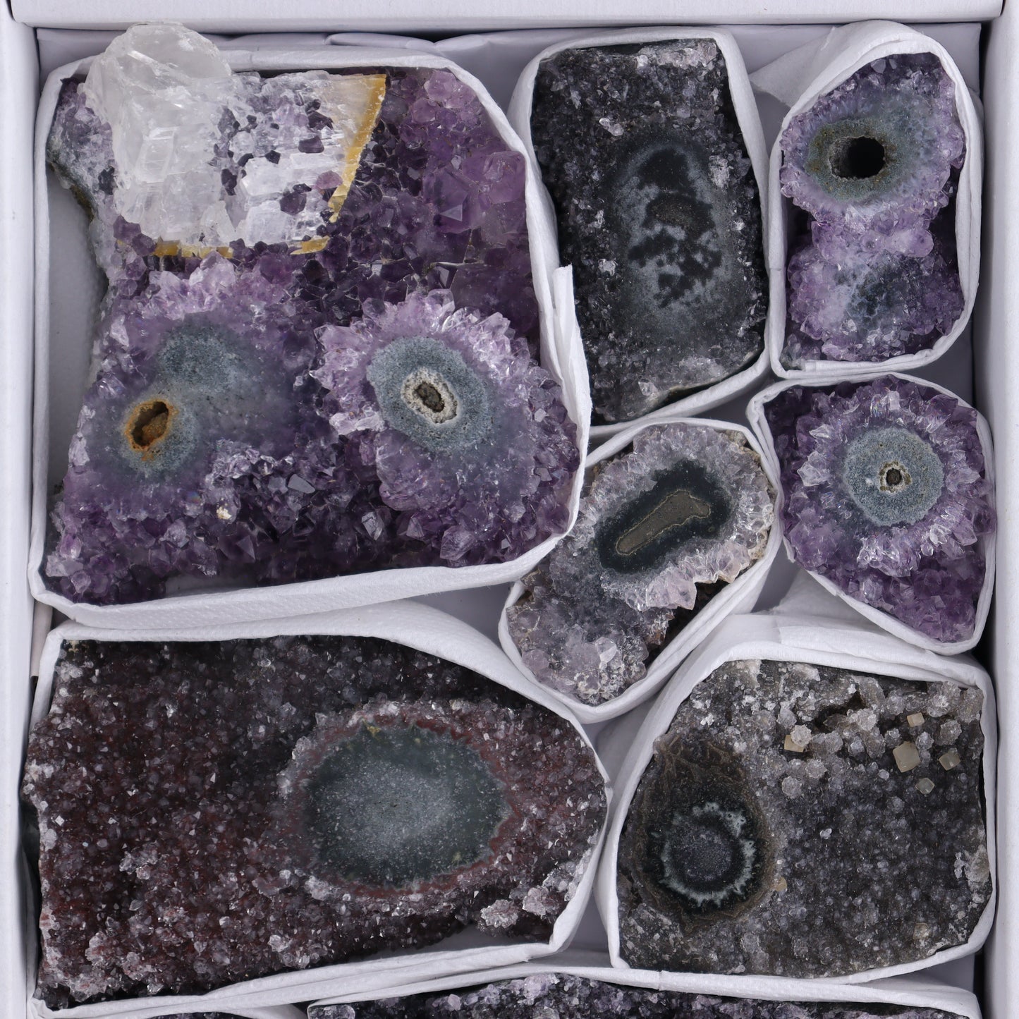 Uruguay Amethyst Clusters with "Eyes" Flat of 9 - Expert Wholesale and Supplier of Wholesale Crystals & Bulk Gemstones, ["Amethyst","Clusters","Eyes Amethyst","Uruguay"]