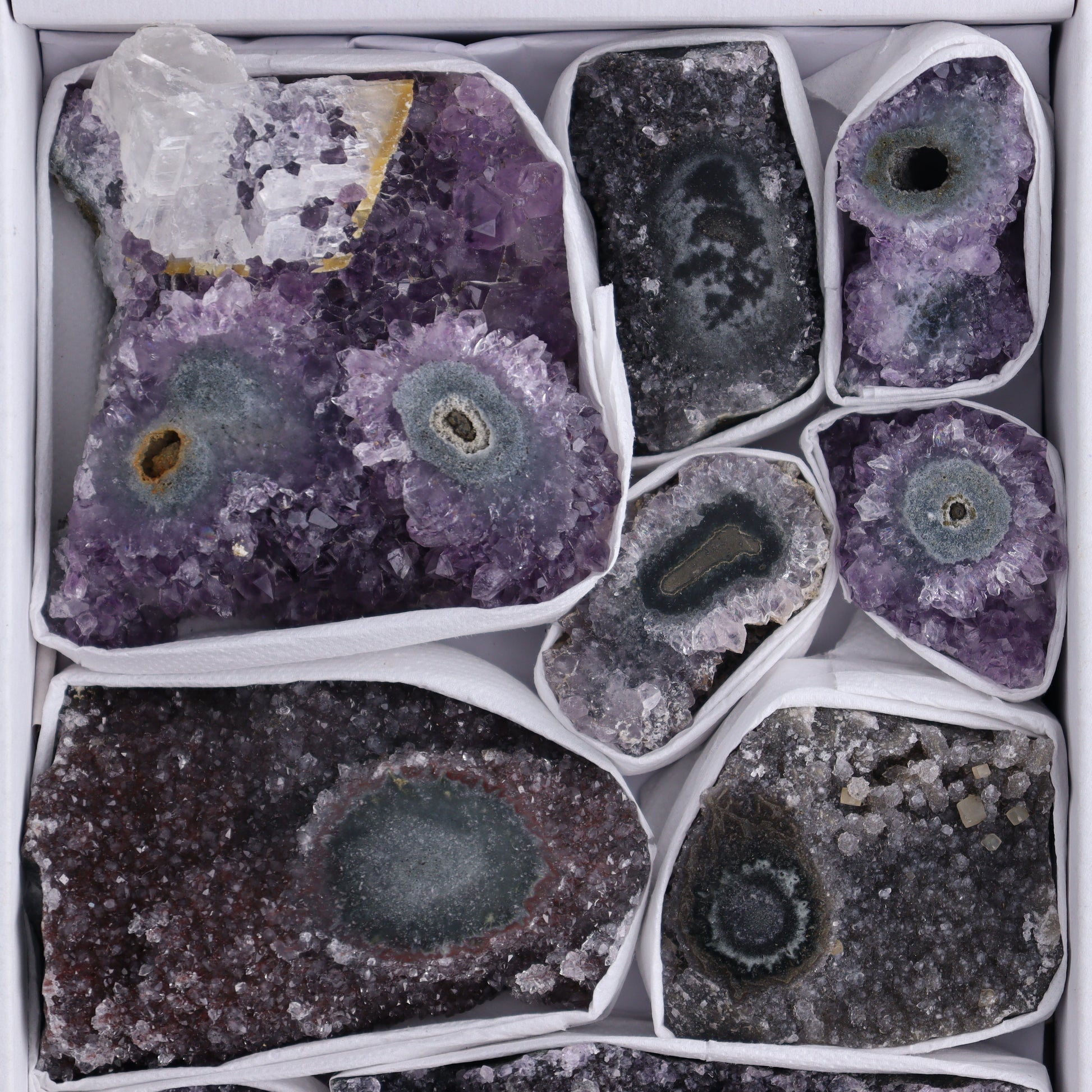 Uruguay Amethyst Clusters with "Eyes" Flat of 9 - Expert Wholesale and Supplier of Wholesale Crystals & Bulk Gemstones, ["Amethyst","Clusters","Eyes Amethyst","Uruguay"]