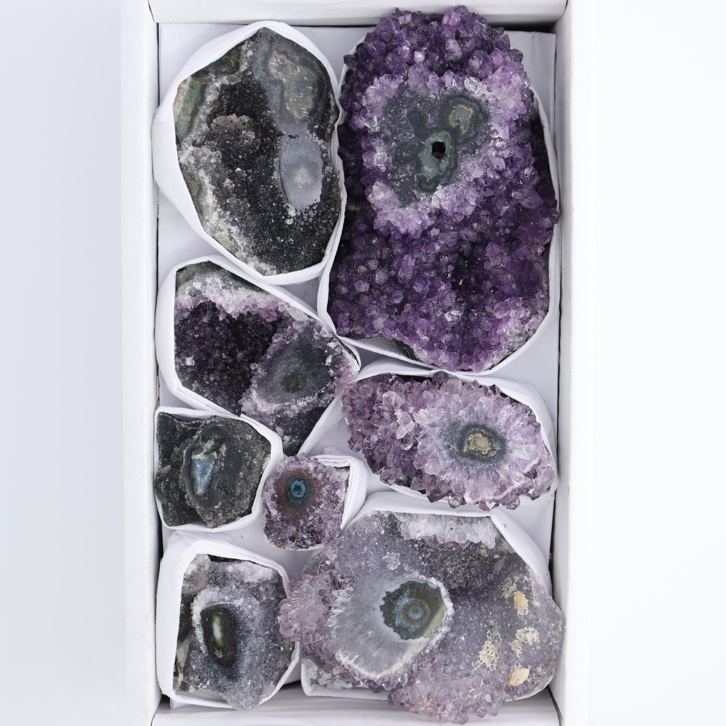 Uruguay Amethyst Clusters with "Eyes" Flat of 8 - Expert Wholesale and Supplier of Wholesale Crystals & Bulk Gemstones, ["Amethyst","Amethyst Eyes","Clusters","Uruguay"]