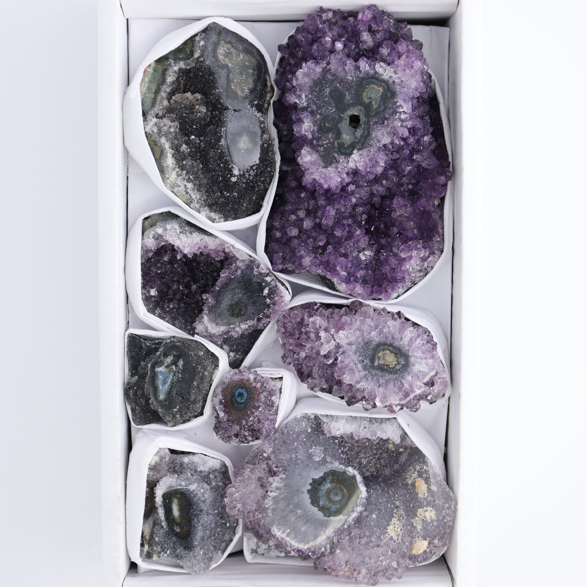 Uruguay Amethyst Clusters with "Eyes" Flat of 8 - Expert Wholesale and Supplier of Wholesale Crystals & Bulk Gemstones, ["Amethyst","Amethyst Eyes","Clusters","Uruguay"]