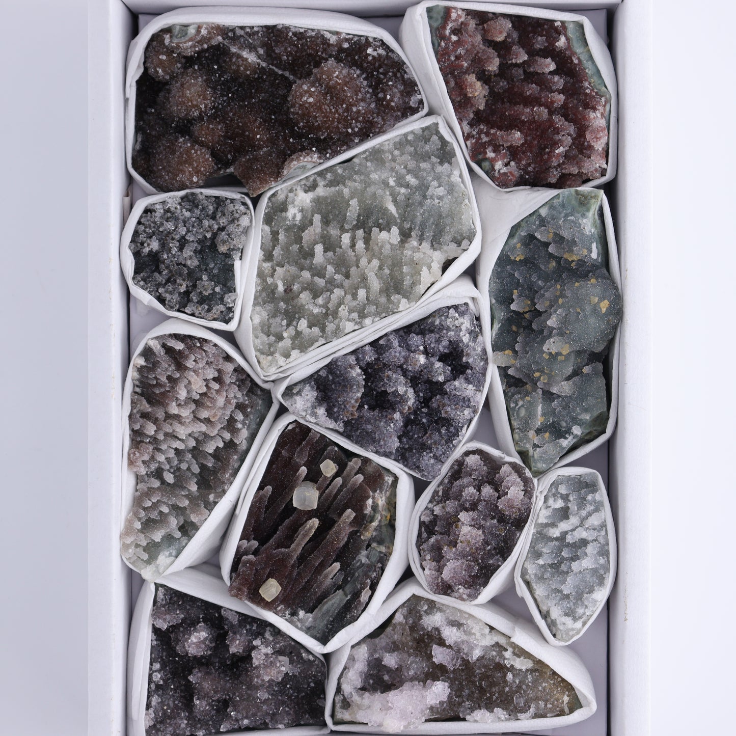 Uruguay Amethyst Clusters with Formations Flat of 12 - Expert Wholesale and Supplier of Wholesale Crystals & Bulk Gemstones, ["Amethyst","Calcite","Clusters","Formations","Uruguay"]