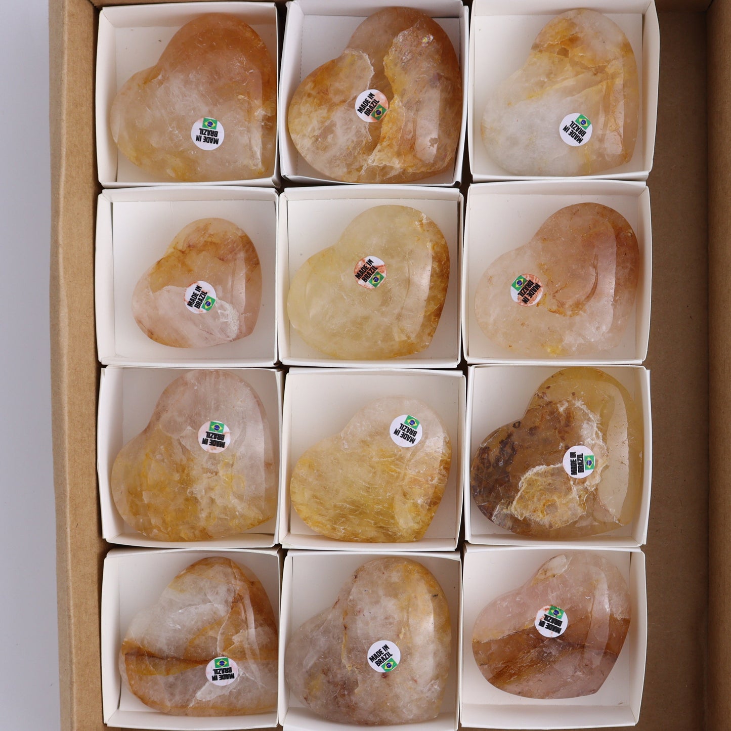 Golden Healer Hearts Set of 12 - Expert Wholesale and Supplier of Wholesale Crystals & Bulk Gemstones, ["Brazil","Golden Healer","Hearts"]