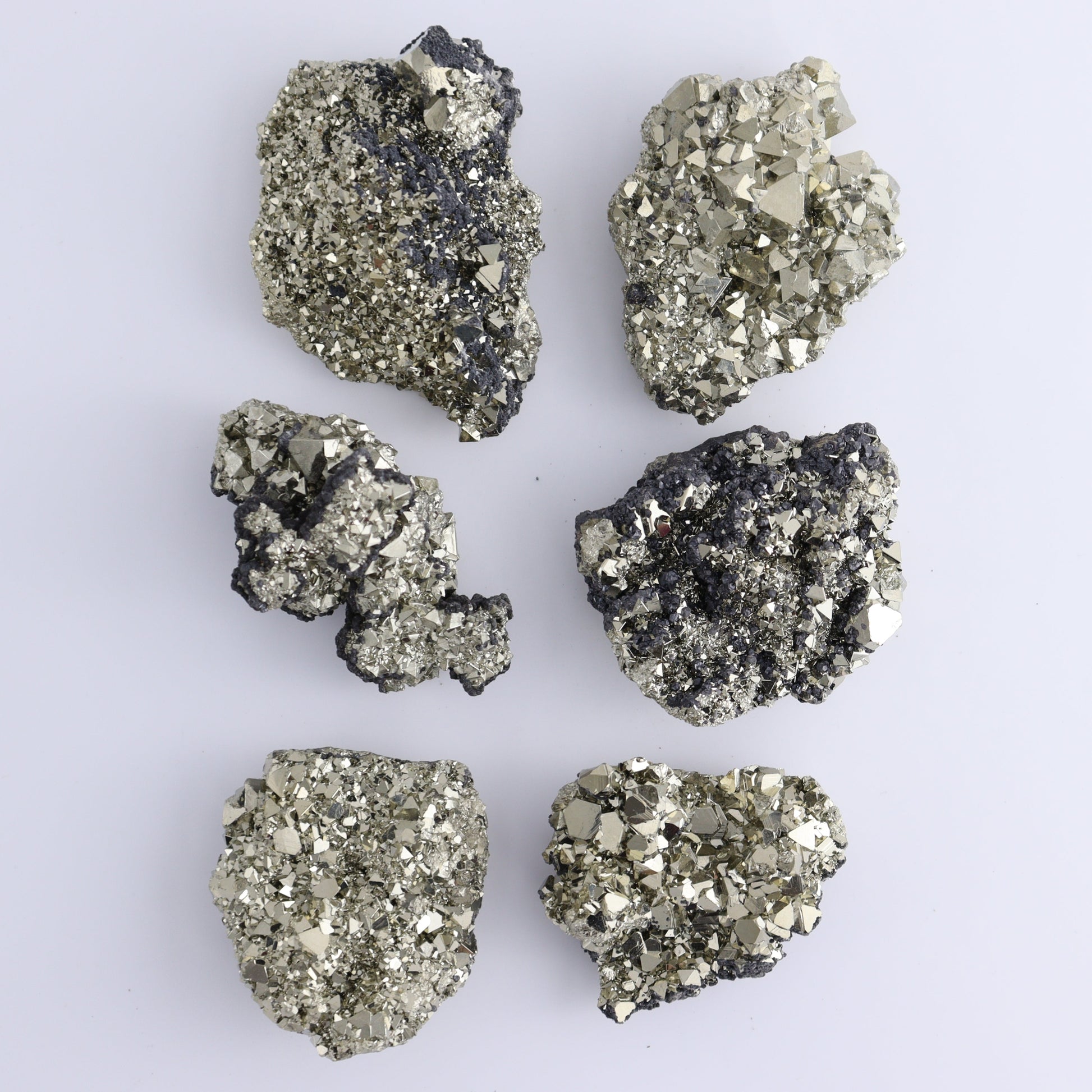 Octahedral Pyrite Clusters Set of 6 - Expert Wholesale and Supplier of Wholesale Crystals & Bulk Gemstones, ["Clusters","Octahedral Pyrite","Peru","Pyrite"]