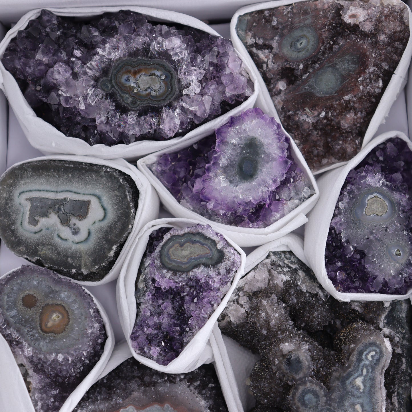 Uruguay Amethyst Clusters with "Eyes" Flat of 12 - Expert Wholesale and Supplier of Wholesale Crystals & Bulk Gemstones, ["Amethyst","Clusters","Eyes Amethyst","Uruguay"]