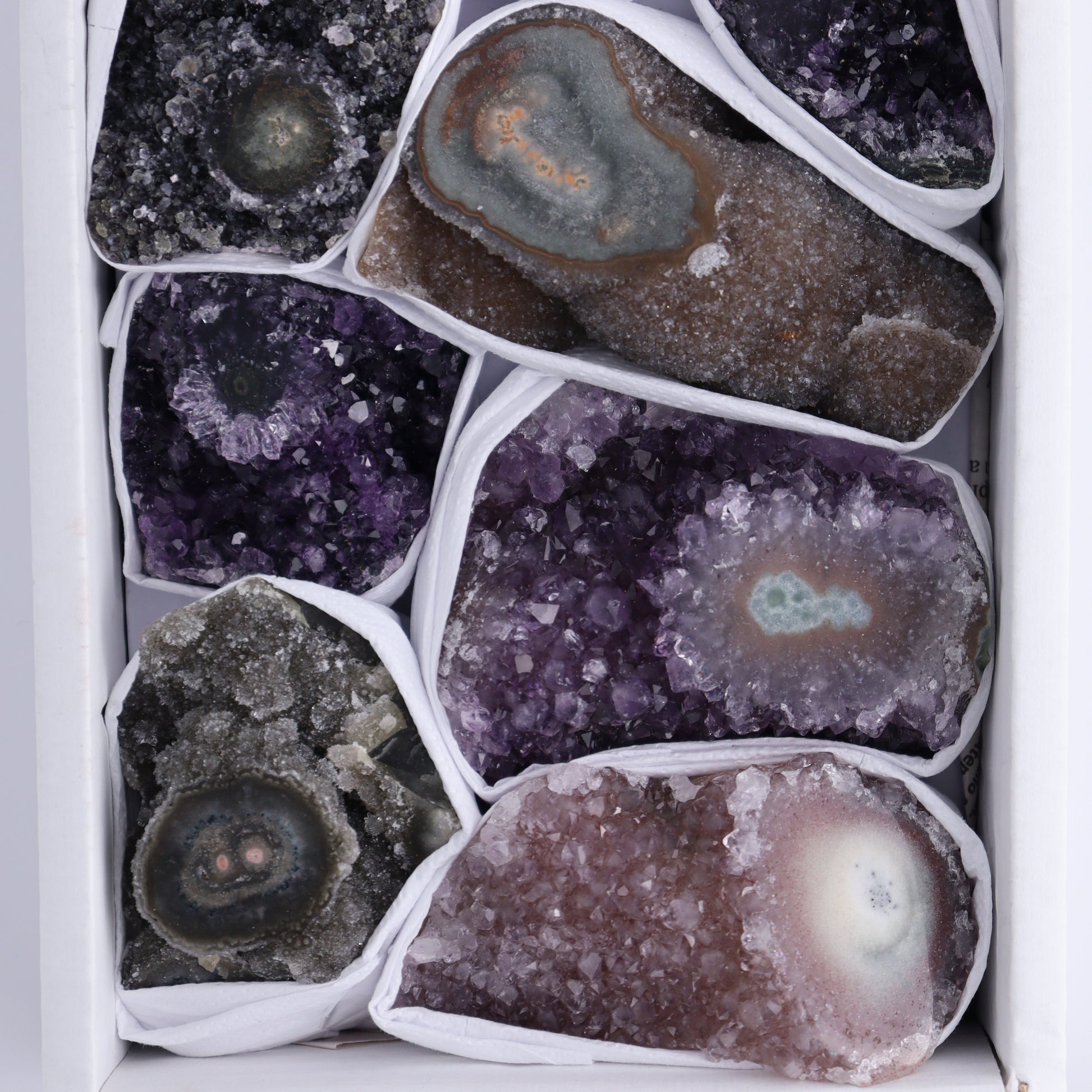 Uruguay Amethyst Clusters with "Eyes" Flat of 10 - Expert Wholesale and Supplier of Wholesale Crystals & Bulk Gemstones, ["Amethyst","Clusters","Eyes Amethyst","Uruguay"]