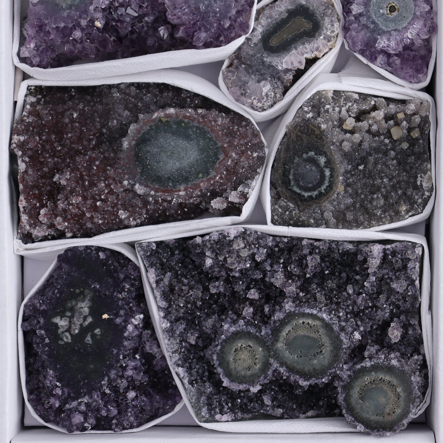 Uruguay Amethyst Clusters with "Eyes" Flat of 9 - Expert Wholesale and Supplier of Wholesale Crystals & Bulk Gemstones, ["Amethyst","Clusters","Eyes Amethyst","Uruguay"]