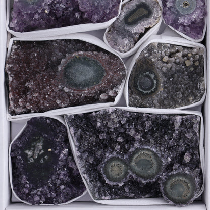 Uruguay Amethyst Clusters with "Eyes" Flat of 9 - Expert Wholesale and Supplier of Wholesale Crystals & Bulk Gemstones, ["Amethyst","Clusters","Eyes Amethyst","Uruguay"]