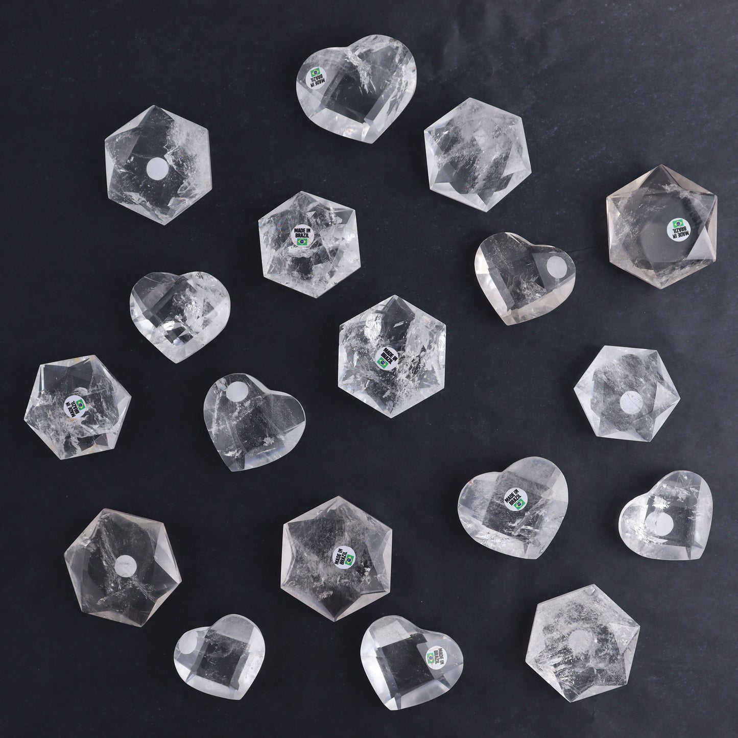 Clear Quartz Mixed Hearts & Hexagon Set of 18 - Expert Wholesale and Supplier of Wholesale Crystals & Bulk Gemstones, ["Brazil","Clear Quartz","Hearts","Hexagon","Quartz"]