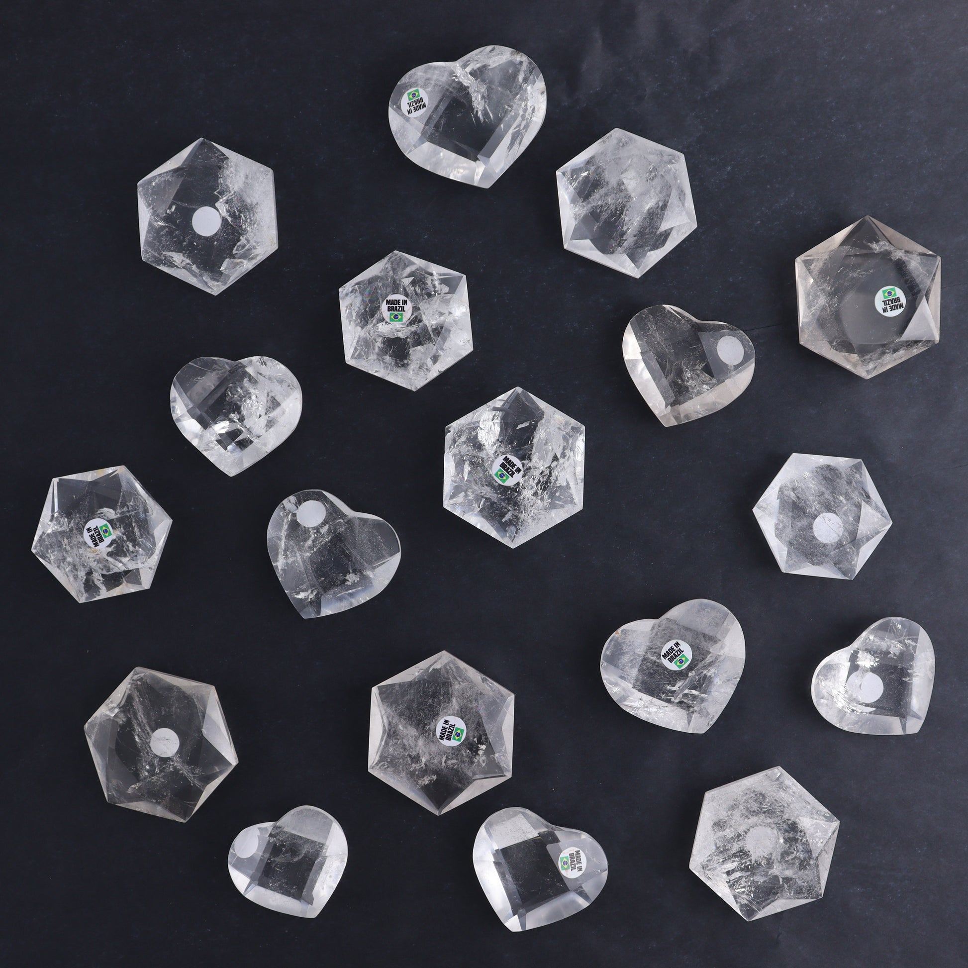 Clear Quartz Mixed Hearts & Hexagon Set of 18 - Expert Wholesale and Supplier of Wholesale Crystals & Bulk Gemstones, ["Brazil","Clear Quartz","Hearts","Hexagon","Quartz"]