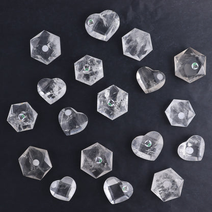 Clear Quartz Mixed Hearts & Hexagon Set of 18 - Expert Wholesale and Supplier of Wholesale Crystals & Bulk Gemstones, ["Brazil","Clear Quartz","Hearts","Hexagon","Quartz"]