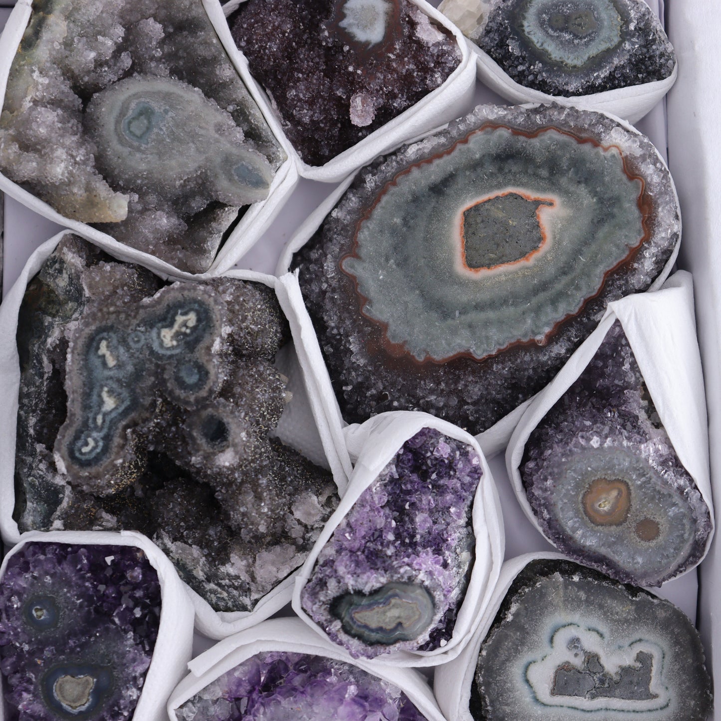 Uruguay Amethyst Clusters with "Eyes" Flat of 12 - Expert Wholesale and Supplier of Wholesale Crystals & Bulk Gemstones, ["Amethyst","Clusters","Eyes Amethyst","Uruguay"]